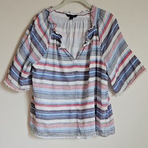 Tommy Hilfiger Striped Gathered Open Neck Fringe Sleeve Hem XL LinedTop Gauzy